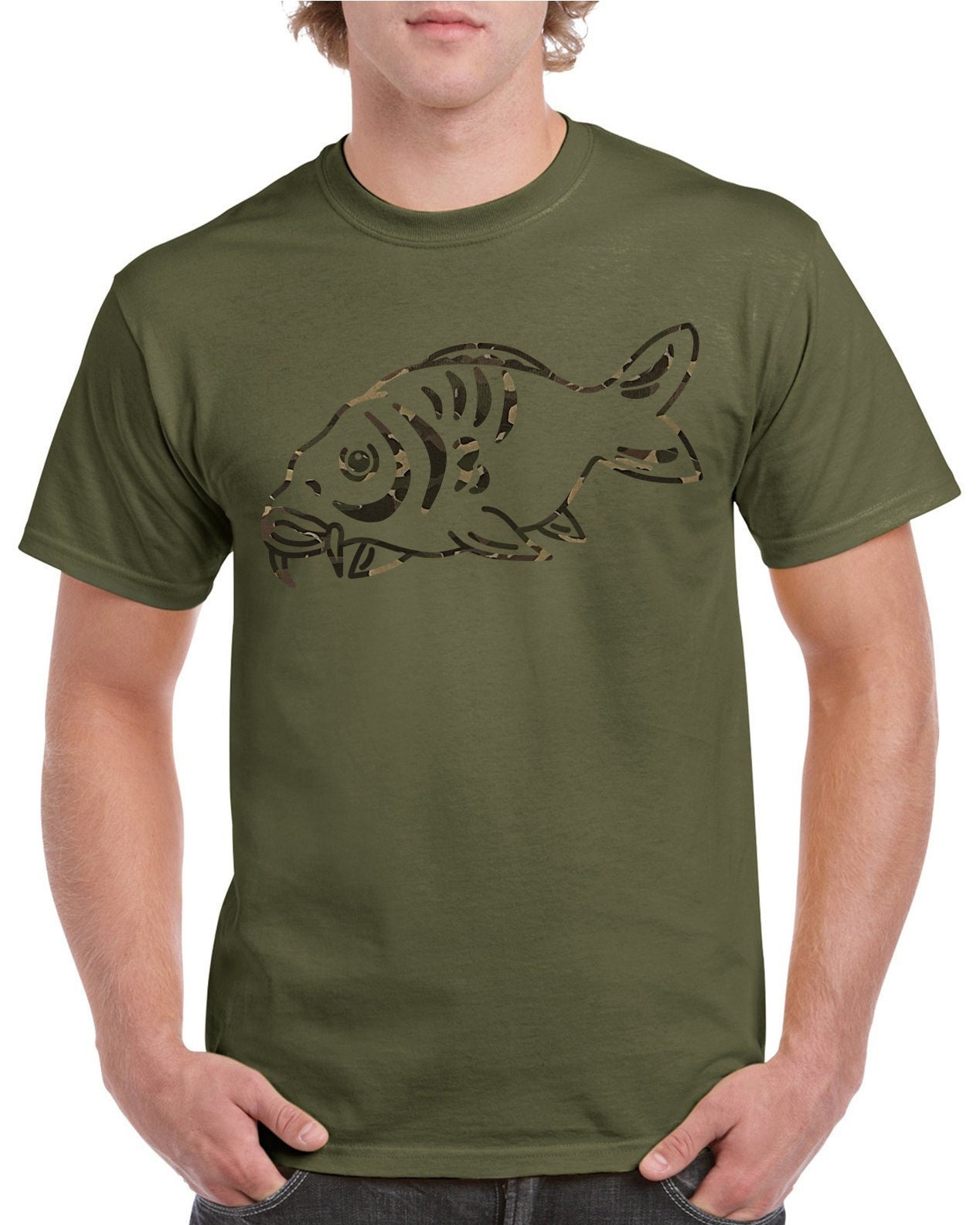 Carp Fishing T Shirt With Camouflage Heat Press Vinyl Logo Ideal