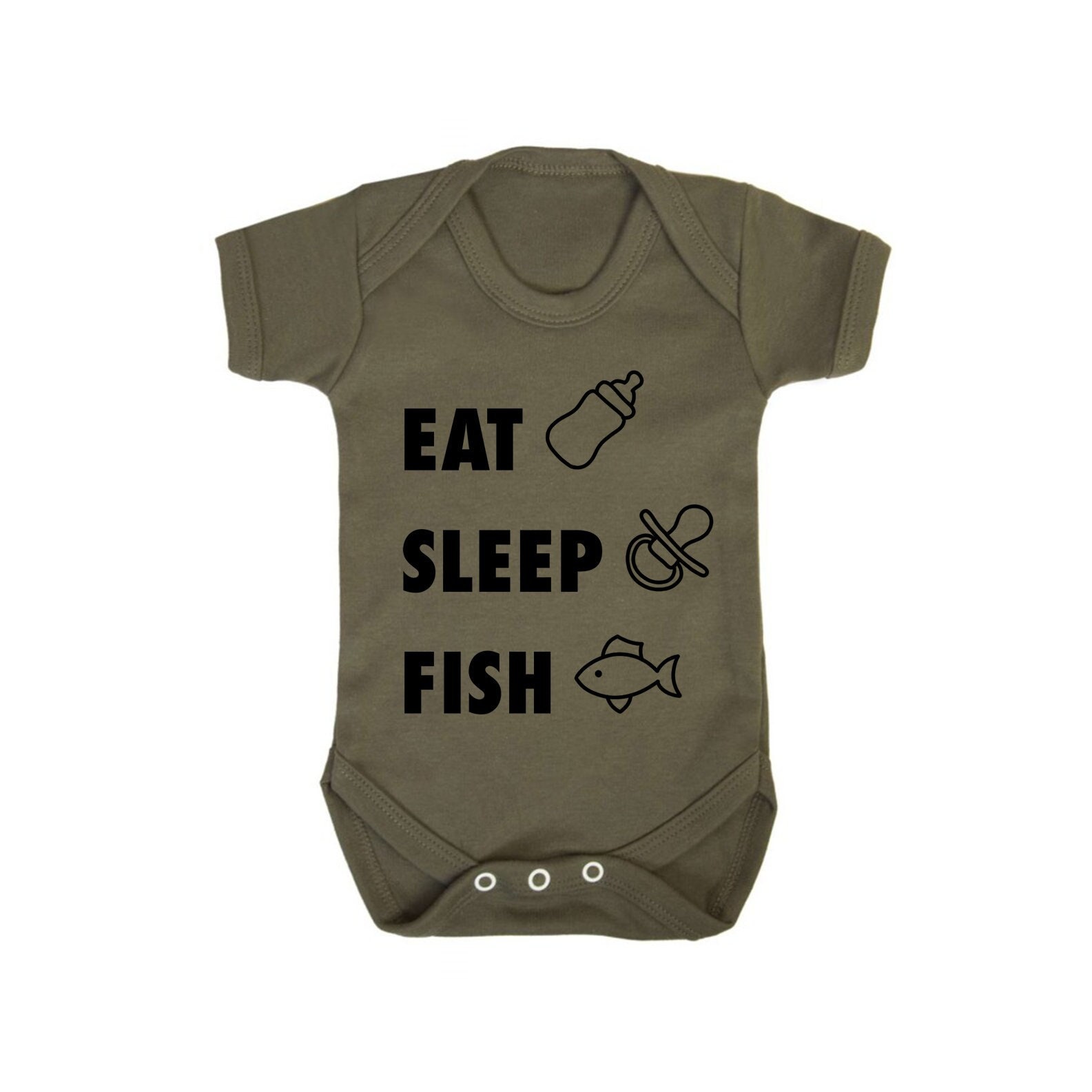 Eat Sleep Fish - On Military Green Baby Bodysuit Vest.. ideal gift for any  fishing enthusiasts, birth, baby shower, toddler