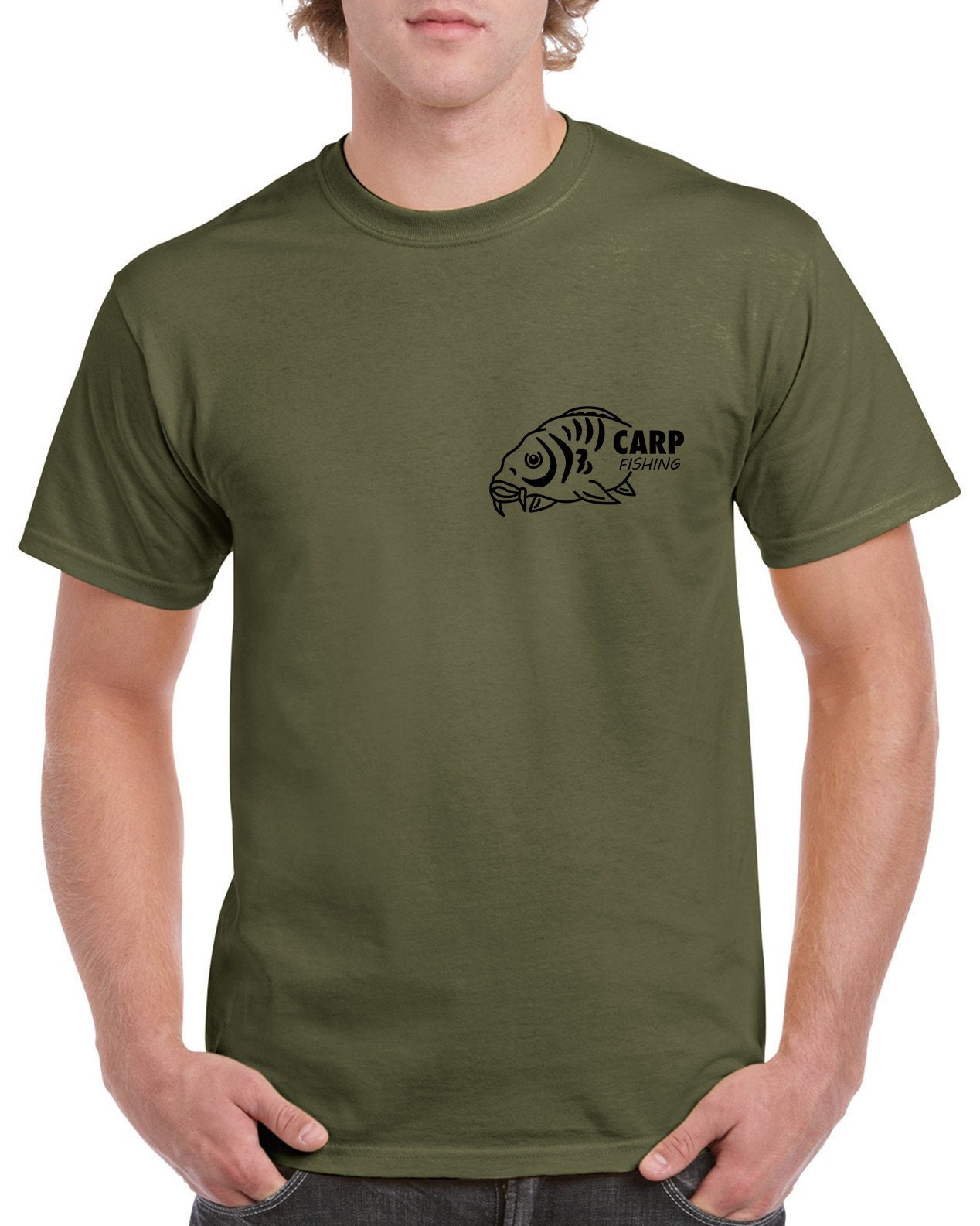 Carp Fishing Green or Black T Shirt with Small Heat Press Vinyl Logo in Choice of Colour Ideal Gift for Fisherman. - Small Carp Fishing