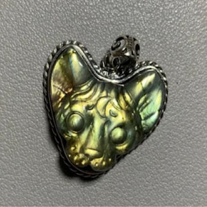 Hand Carved Labradorite Cat Pendant - Tibetan Silver Animal Charm,Raw Stone,Memorial Gift