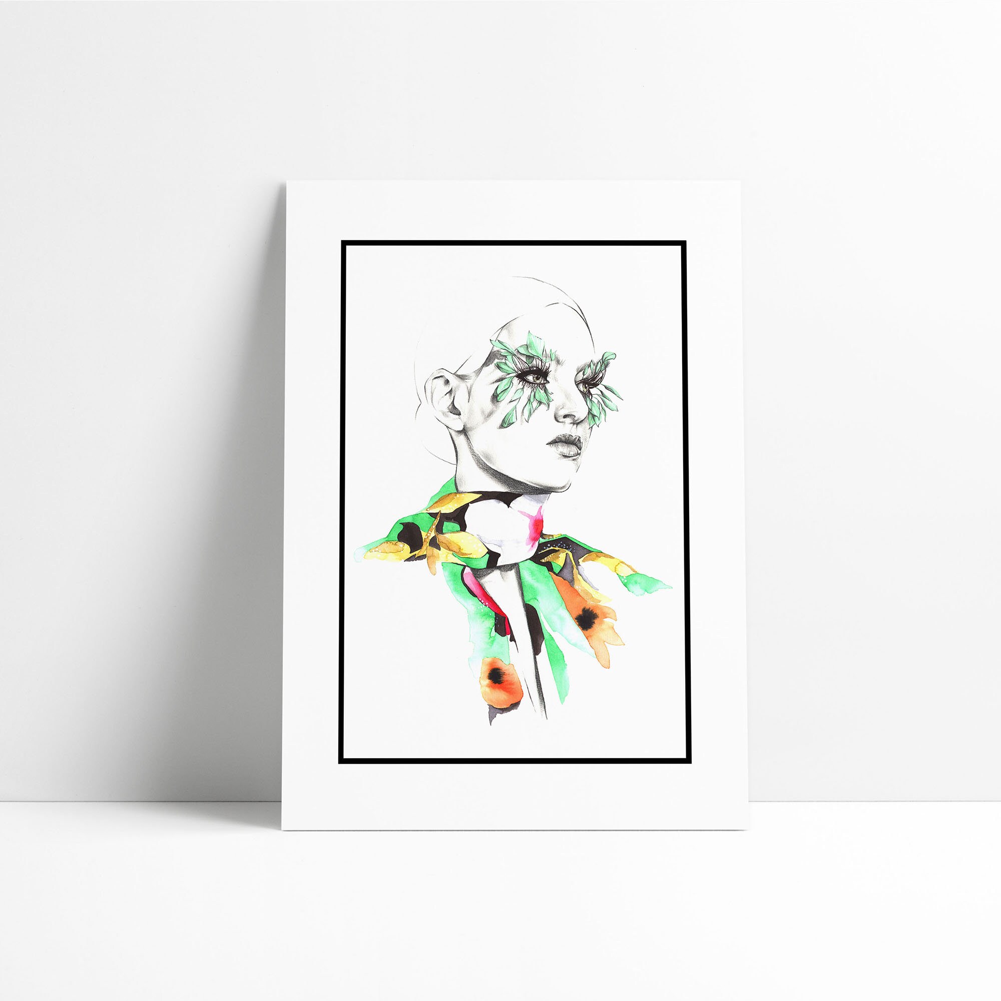 Décoration Murale, Portrait Modèle, A4, Aquarelle Verte et Orange Crayon Illustration de Mode Art-Pr