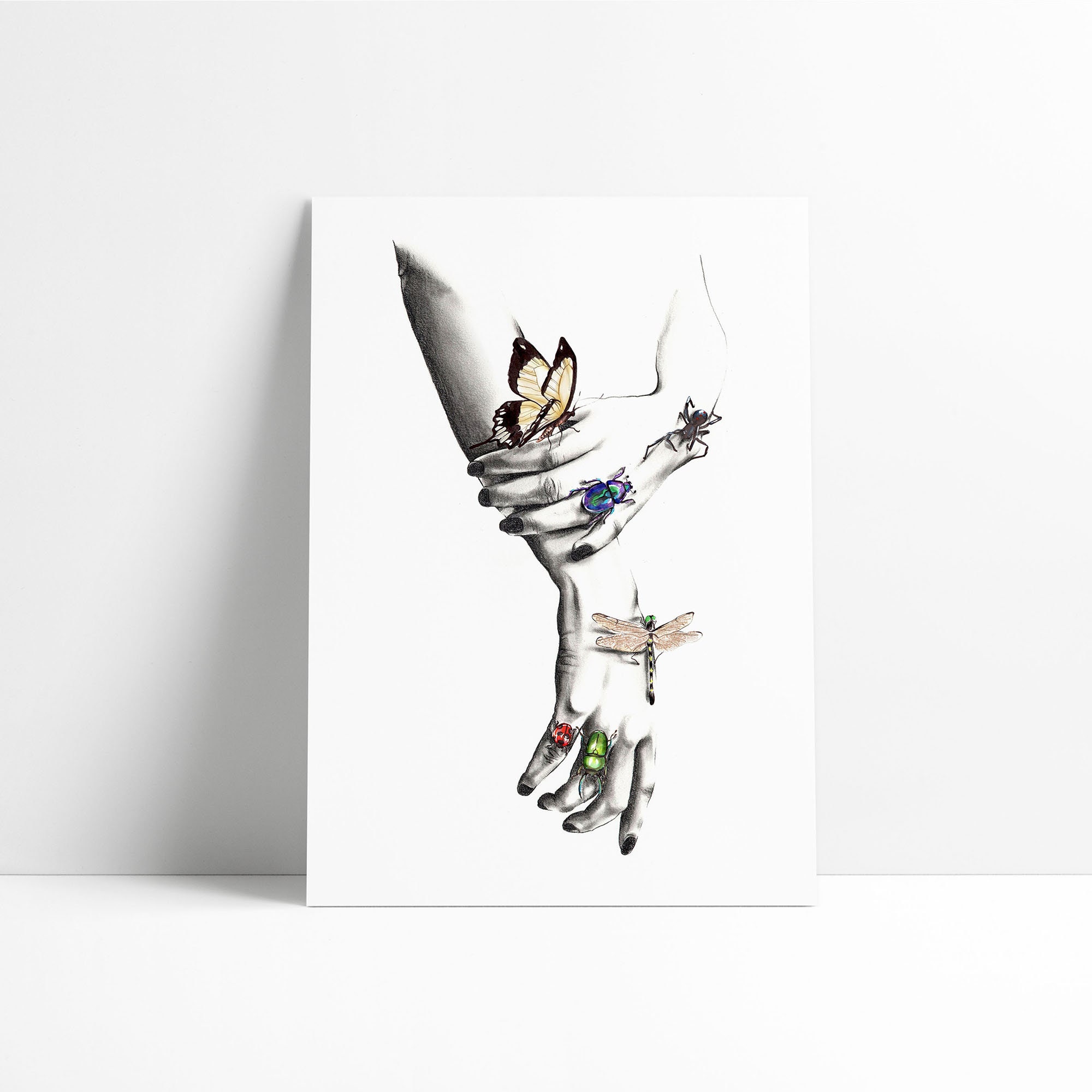 Giclée, Black & White Harms With Insects, A4 Vertical Size, Colorful Mixed Media Art-Print Par Veron