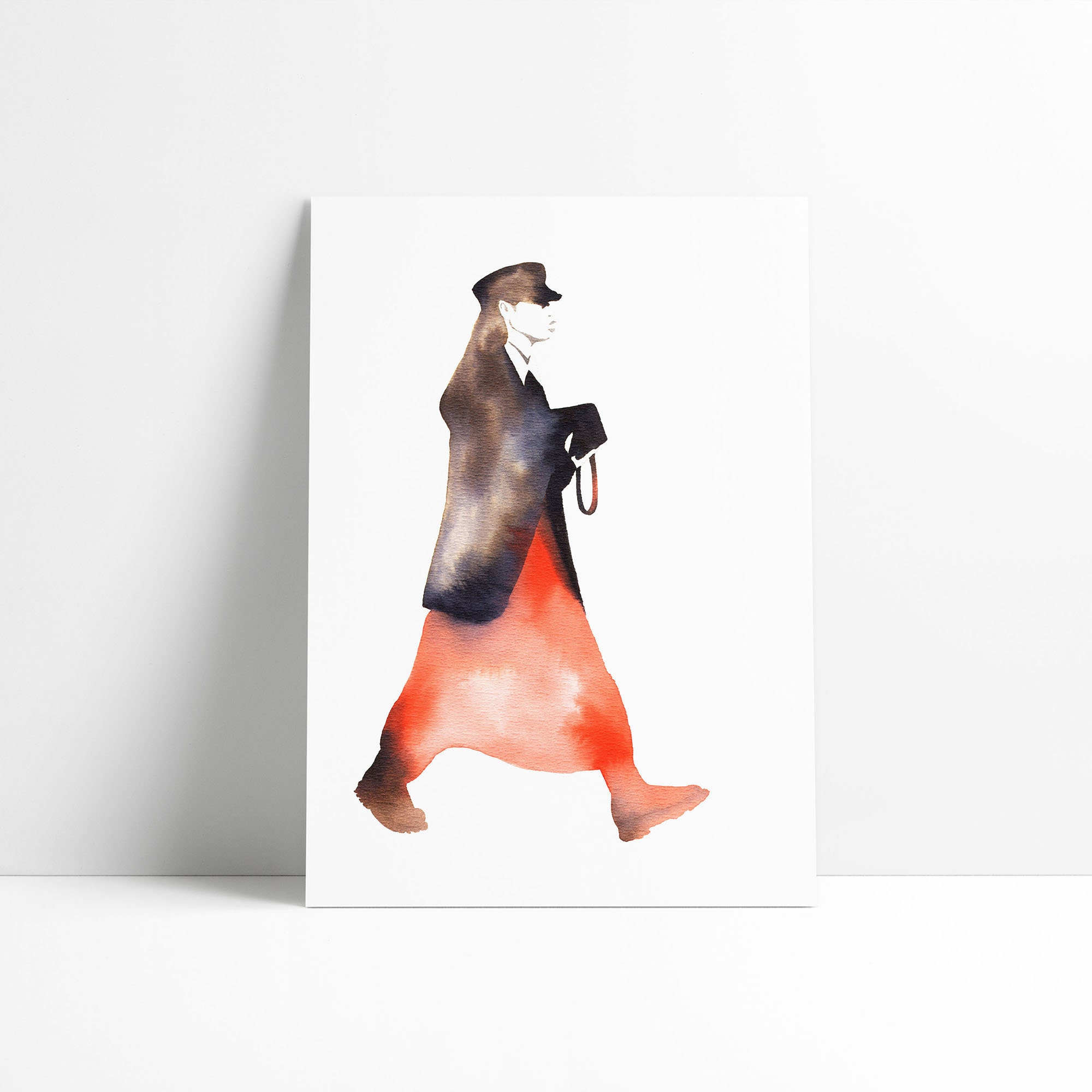 Moder Fashion Illustration Giclée, Walking Woman, A4 | Petite Taille, Aquarelle Orange, Brune et Noi