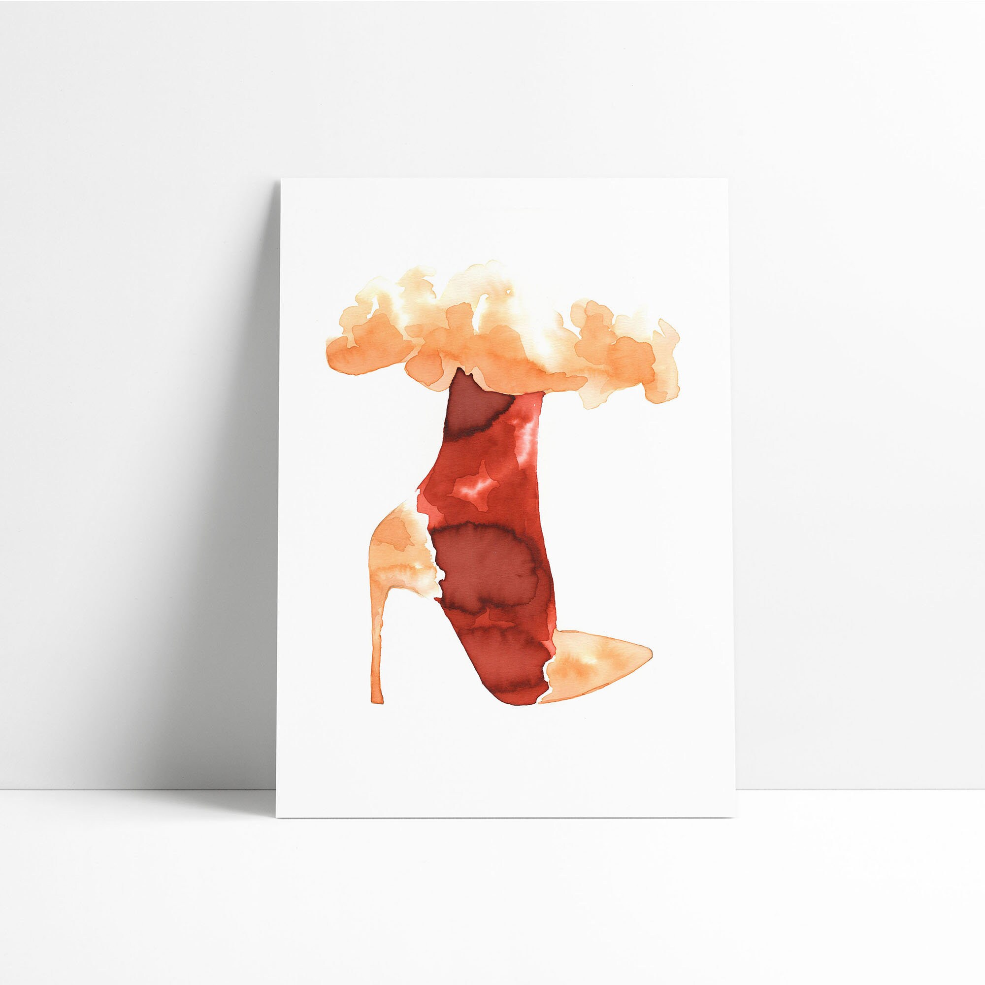 Affiche de Mode, Illustration Mode Chaussure, Taille A4, Aquarelle Rouge et Orange Giclée Haute Qual