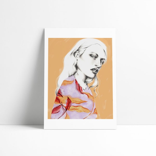 Giclée, portrait de femme, A4 petit format, technique mixte orange botanique art-print de haute qualité par Veronica Colanero