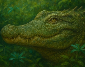 Può includere: Dipinto dettagliato della testa di un alligatore, reso in tonalità di verde e giallo. L'occhio dell'alligatore è focalizzato e la sua pelle strutturata è visibile. Un rigoglioso fogliame verde circonda l'alligatore, creando una scena nella giungla.