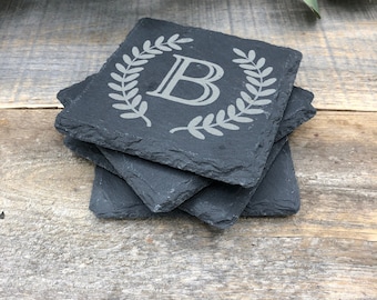 Set of 4 Custom Engraved Slate Monogram Coasters