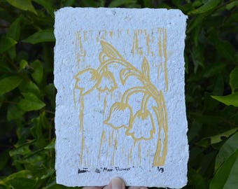 Moon Flower Lino Print, Handmade Paper, Original Block Print