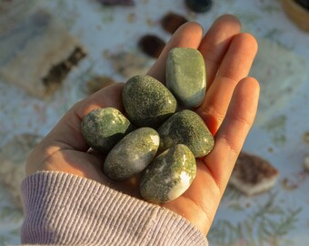 May include: A hand holding a collection of six green and white moss agate tumbled stones. The stones are smooth and polished, with a variety of green and white patterns.