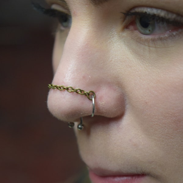 Fake Nose Rings and Nose Chain for Double Nostril Piercings, customizable length and multiple color options