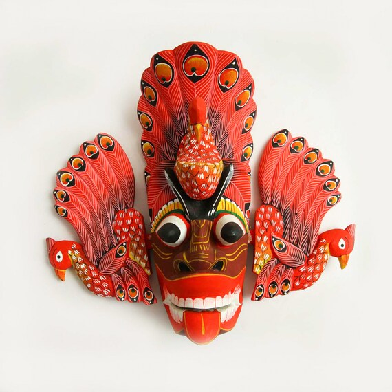 Ceylon Red Mayura Raksha Mask Sri Lankan Hand Carved Wood Etsy