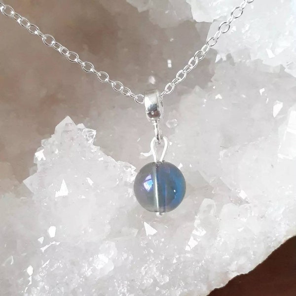 Pendentif Quartz Aqua Aura unique Collier chaîne en argent massif Perle Réconfort Charme Pierre naturelle Cadeau femme Anniversaire