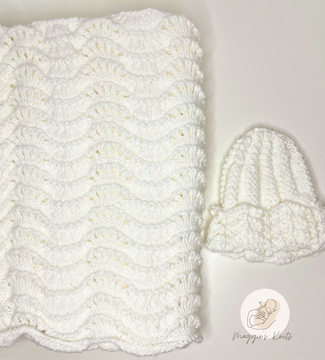 Hand Knitted White Eyelet Baby Hat & Blanket Set Etsy