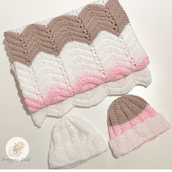 Hand Knitted Baby Hat & Blanket Set, Pink Brown and White