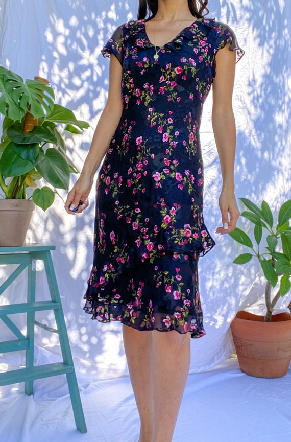 Romantic Floral Print 80s Vintage Ruffled Dress