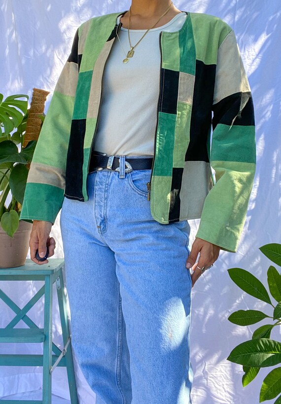 Vivid Green Vintage Patchwork Suede Jacket