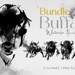 Buffalo clipart BUNDLE, 5 Black Solid Buffalo png, Bison clipart, bull face, cow png, animal watercolor painting, animal art