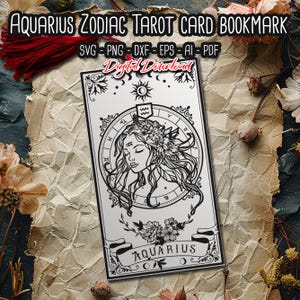 Signet de carte de tarot du zodiaque Verseau SVG, signet et signet astrologie, signets de sorcière, merch livresque, cadeau pour amoureux des livres, fichiers numériques