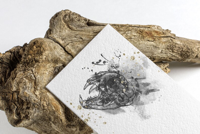 May include: A black and white illustration of an animal skull with a watercolor background. The skull is drawn in a detailed style with sharp teeth and a prominent jaw. The background is a soft gray with hints of gold.