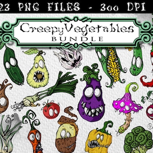 May include: A set of 23 digital illustrations of creepy vegetables with cartoon faces. The vegetables include a pumpkin, eggplant, corn, onion, garlic, broccoli, avocado, cucumber, tomato, and more. The illustrations are in a cartoon style and are perfect for Halloween or other spooky events.