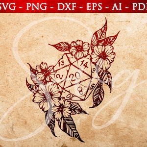 D20 svg, Blumen Würfel SVG, polyedrische Würfel svg, RPG-Spiele, Rollenspiel svg, Würfel, Cricut und Silhouette geschnitten Dateien