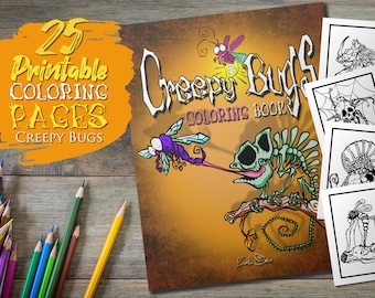 May include: A coloring book cover with a creepy bug theme. The cover features a cartoon chameleon with a long tongue catching a fly. The title of the book is "Creepy Bugs Coloring Book". There are 25 printable coloring pages.