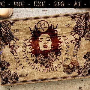 May include: A wooden Ouija board with a pentagram, a woman's face, and floral designs. The board has the letters of the alphabet, numbers 0-9, and the words "YES", "NO", and "HELLO".