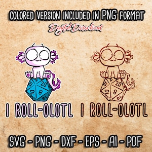 Süßer Axolotl I Roll-olotl SVG & Clipart, Gamer Axolotl svg, süßes Axolotl PNG, D20, lustiger Axolotl, Rpg-Spiele, nerdiges Axolotl geschnitten