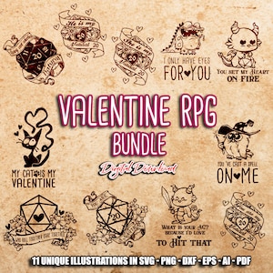Saint-Valentin RPG BUNDLE svg, svg TTRPG Saint-Valentin, cadeau ringard pour amoureux, jeux de rôle, citation drôle, jeu de rôle svg, fichier de coupe Cricut