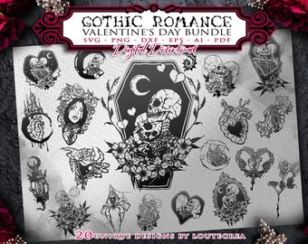 Puede incluir: Un conjunto de 20 diseños góticos románticos para el Día de San Valentín con esqueletos, corazones, flores y ataúdes. Los diseños son en blanco y negro y son perfectos para crear tarjetas, invitaciones u otras manualidades.