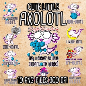 Nettes kleines AXOLOTL Bundle PNG, süßes Axolotl Clipart, D20, lustiges Axolotl png, Axolotl Fisch, Rollenspiele, Pathfinder 2e, Rollenspiel
