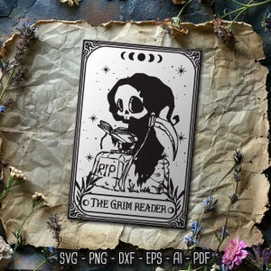 Karta Tarota Grim Reader SVG, Zabawny ponury żniwiarz, Snarky Skeleton, Karta Tarota na Halloween, Tarot Witchy, Plik cięcia karty Tarota Svg Sublimacja