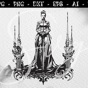 Reina de la esgrima gótica SVG, personaje aterrador, svg oscuro, svg místico, svg bruja, svg brujería, svg de Halloween, Cricut gótico, Cortar archivos