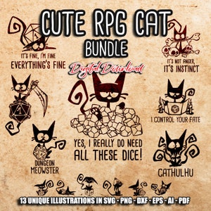 Pacote Cute Cat SVG, RPG de gato engraçado, dados svg, Cat Mom, TTRPG svg, D20, jogos de rpg, Role Playing Game svg