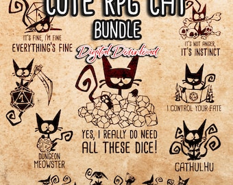 Cute RPG Cat SVG Bundle, Funny Dice Illustrations (Digital Download)