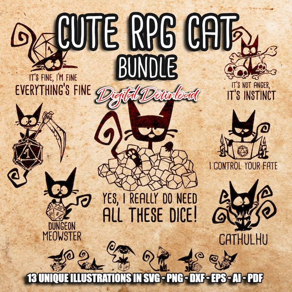 Cute Cat SVG Bundle, funny cat RPG, dice svg, Cat Mom, TTRPG svg, D20, rpg games, Role Playing Game svg