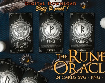 May include: A set of 24 printable rune oracle cards with black backgrounds and silver designs. The cards feature the runes Fehu and Raidho, with their symbols and meanings. The cards are part of a larger set called "The Runes Oracle".