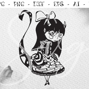 Op de afbeelding: Zwart-witte illustratie van een cartoonmeisje met een duivelsstaart en hoorns, die een jurk en een strik in haar haar draagt.