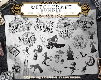 Puede incluir: Un paquete de descarga digital de 22 diseños únicos con temática de brujas. Los diseños incluyen ilustraciones de brujas, hechizos, pociones y otros elementos mágicos. El texto "Witchcraft Bundle" está en la parte superior de la imagen, y el texto "22 Unique Designs by Loutecrea" está en la parte inferior.