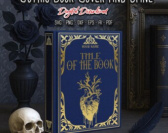 Könnte beinhalten: Ein digitaler Download einer Vorlage für ein gotisches Buchcover und einen Buchrücken. Das Cover zeigt einen blauen Hintergrund mit goldenen Akzenten, ein Herz mit einem Baum, der daraus wächst, und den Text "YOUR NAME TITLE OF THE BOOK".