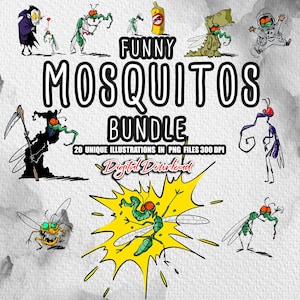 Paquete de imágenes prediseñadas de mosquitos divertidos, ilustración de mosquitos de dibujos animados, insectos mosquitos extravagantes PNG, lindos bocetos de insectos de humor, archivos digitales