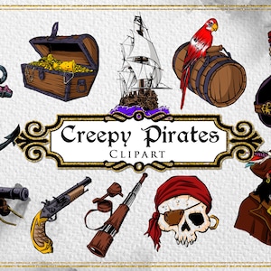 Creepy Pirates BUNDLE, pirates clipart, Pirate Ships Clipart, Pirate Party Graphics, Pirate Invite, Trésor, Carte au trésor, Perroquet, Fichier PNG