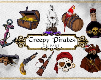 May include: A set of creepy pirate themed clipart images, including a treasure chest, an anchor, a pirate ship, a parrot on a barrel, a bottle of poison, a pirate with an eyepatch, a skull with a bandana, a pistol, a telescope, and a cannon.