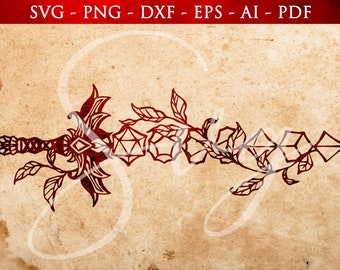 RPG Dice sword and leaf SVG, D20, Polyhedral Dice Clip Art, rpg games, Role Playing Game svg, Dice, Cricut and Silhouette Cut Files