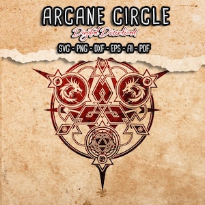 Peut inclure: Graphique de téléchargement numérique avec un motif de cercle arcanique rouge sur fond beige. Le motif comprend des dragons, des formes géométriques et le texte "ARCANE CIRCLE Digital Download" avec les options de fichiers SVG, PNG, DXF, EPS, AI et PDF.