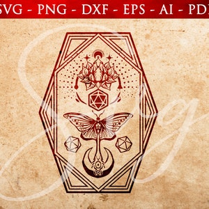 May include: A red and white geometric design with a butterfly, a flower, and a dice in the center. The design is surrounded by a red and white geometric frame.
