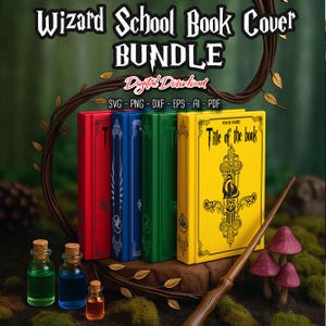 Wizard school Book Cover and Spine BUNDLE SVG, Wizard banners, Bookbinding, Vinyl Book Cover, Bookish Merch, Book Lover gift, digital files