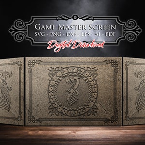 May include: A three-panel game master screen with a stone-like texture. The center panel features a circular design with a dragon and runes. The side panels feature a dragon design. The text "GAME MASTER SCREEN" and "SVG - PNG - DXF - EPS - AI - PDF" is at the top of the image.