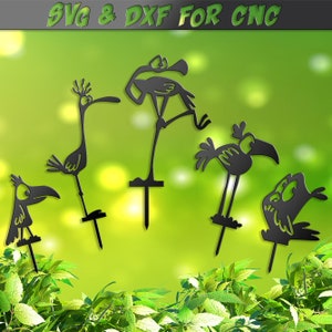 Estacas de pájaros divertidos SVG, pájaros CNC, lindo patio de pájaros, decoración de jardín, animal divertido, archivo DXF de 5 signos para plasma, vector de vinilo con chorro de agua láser