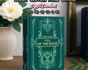 May include: A green book cover and spine template with a gold geometric design and a deer illustration. The text "YOUR NAME TITLE OF THE BOOK" is displayed on the cover.